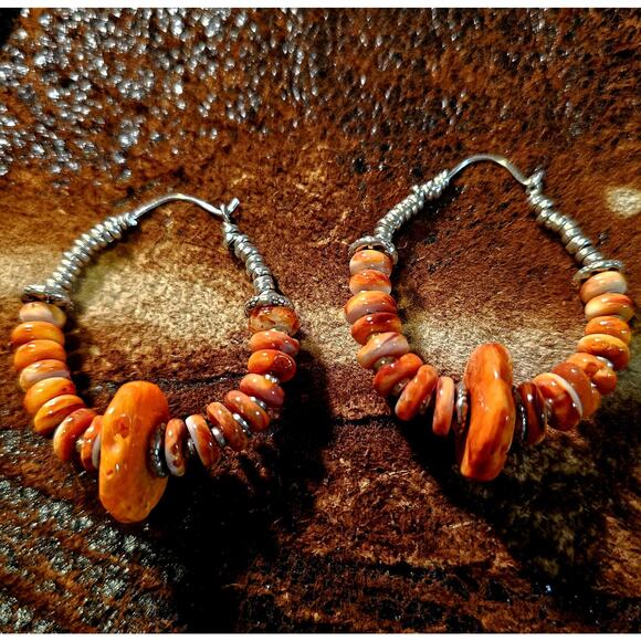 Orange Spiny Oyster Artisan Sterling Hoop Earrings Vintage - Picture 4 of 8